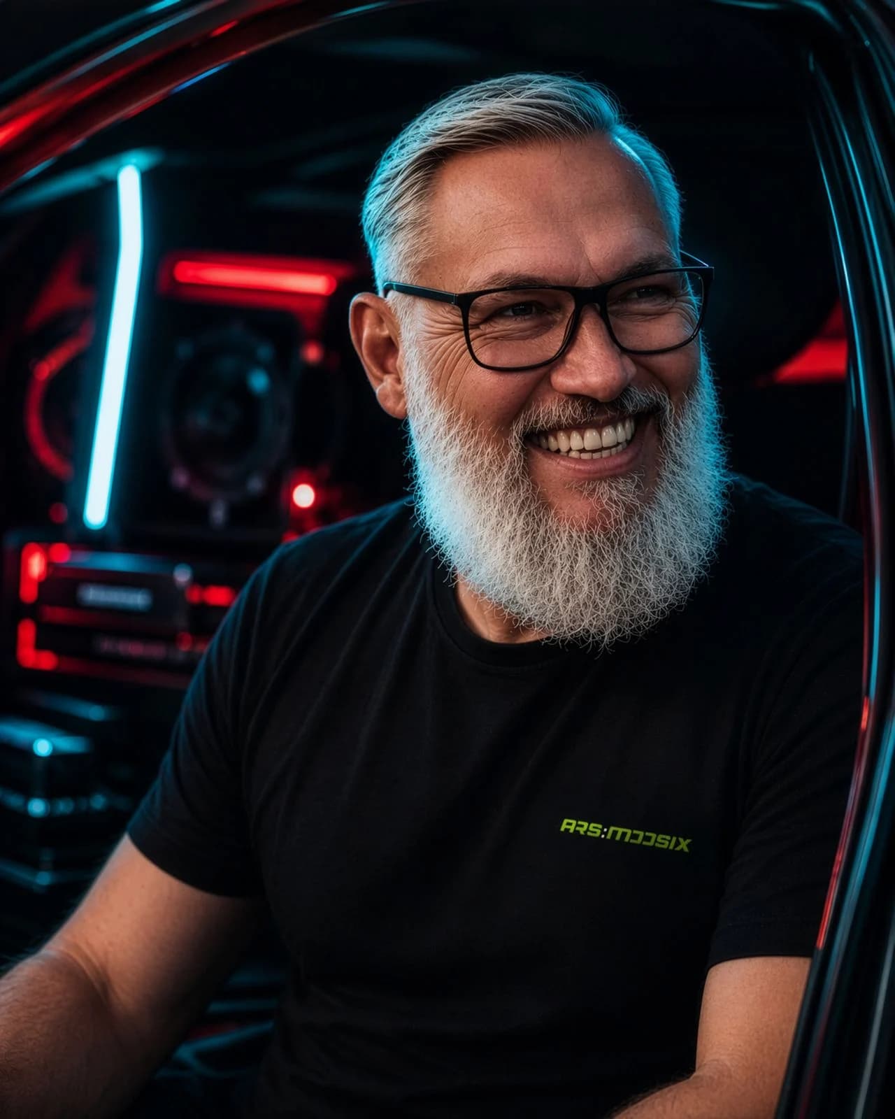 Stephan Seifert — Inhaber von ARS:MOOSIX, in der Werkstatt vor neongrünem Soundsystem-Build
